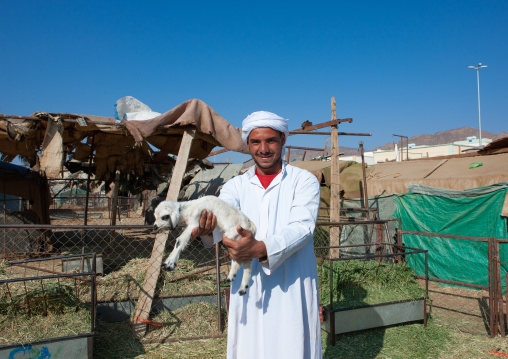 Saudi man holding a baby sheep in a market, Najran Province, Najran, Saudi Arabia