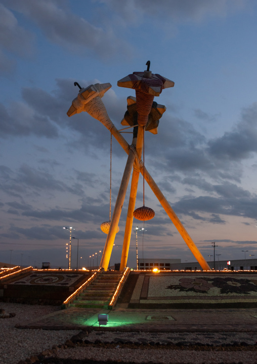 Giant sewing sticks on a roundabout, Al-Jawf Province, Qarah, Saudi Arabia