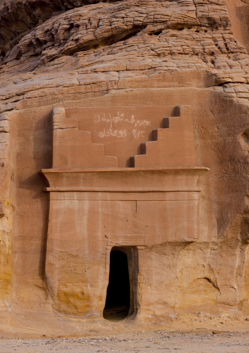 Nabataean tomb in al-Hijr archaeological site in Madain Saleh, Al Madinah Province, Alula, Saudi Arabia