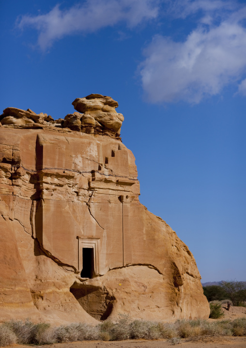 Nabataean tomb in al-Hijr archaeological site in Madain Saleh, Al Madinah Province, Alula, Saudi Arabia