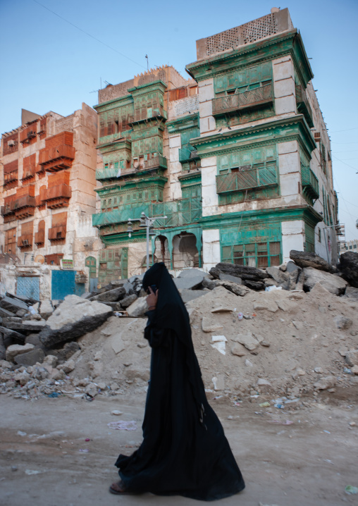 Houses with wooden mashrabia and rowshan in the old quarter, Hijaz Tihamah region, Jeddah, Saudi Arabia
