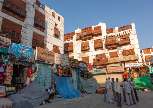 Houses with wooden mashrabia and rowshan in the old quarter, Hijaz Tihamah region, Jeddah, Saudi Arabia