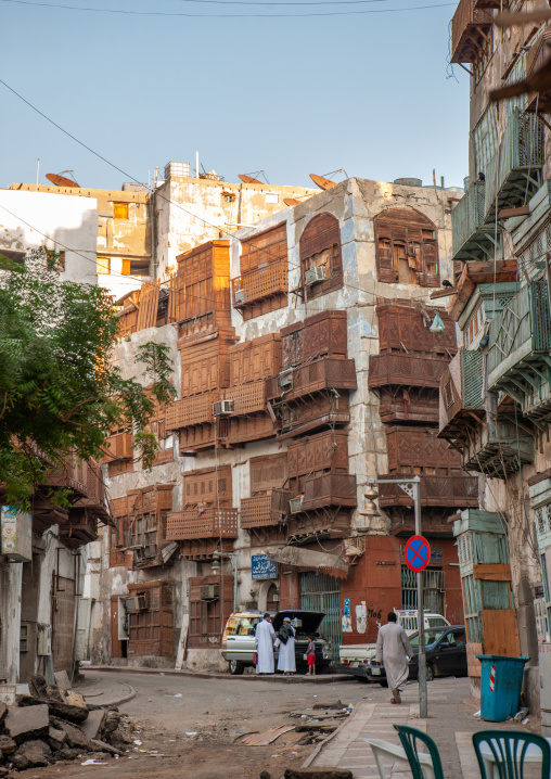 Houses with wooden mashrabia and rowshan in the old quarter, Hijaz Tihamah region, Jeddah, Saudi Arabia