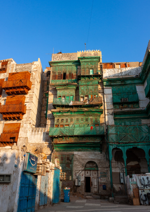 Houses with wooden mashrabia and rowshan in the old quarter, Hijaz Tihamah region, Jeddah, Saudi Arabia