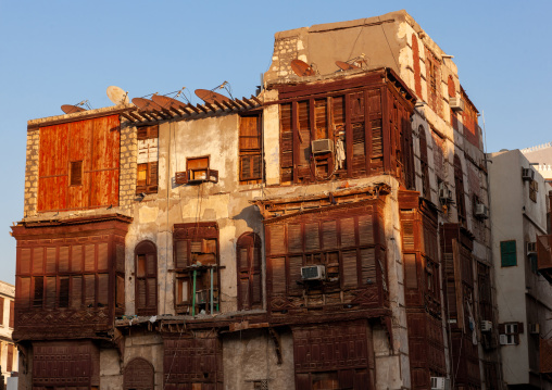 Houses with wooden mashrabia and rowshan in the old quarter, Hijaz Tihamah region, Jeddah, Saudi Arabia