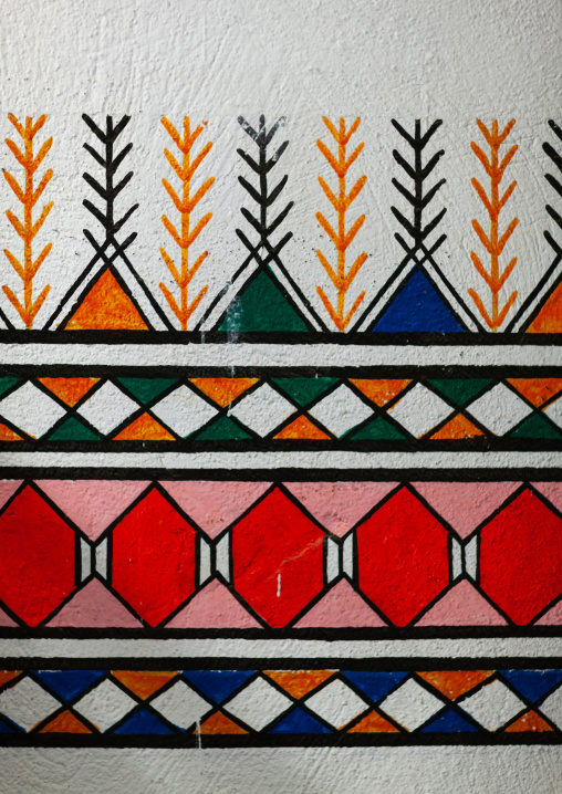 Traditional interior wall decoration made by the women called al-qatt al-asiri in bin hamsan house, Asir province, Khamis Mushayt, Saudi Arabia