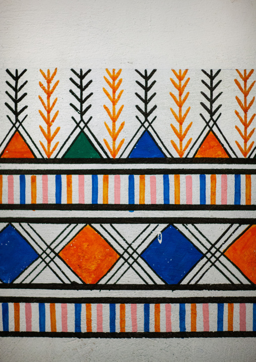 Traditional interior wall decoration made by the women called al-qatt al-asiri in bin hamsan house, Asir province, Khamis Mushayt, Saudi Arabia
