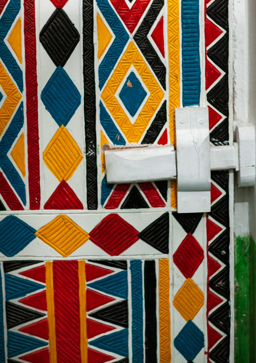 Traditional interior wall decoration made by the women called al-qatt al-asiri in bin hamsan house, Asir province, Khamis Mushayt, Saudi Arabia