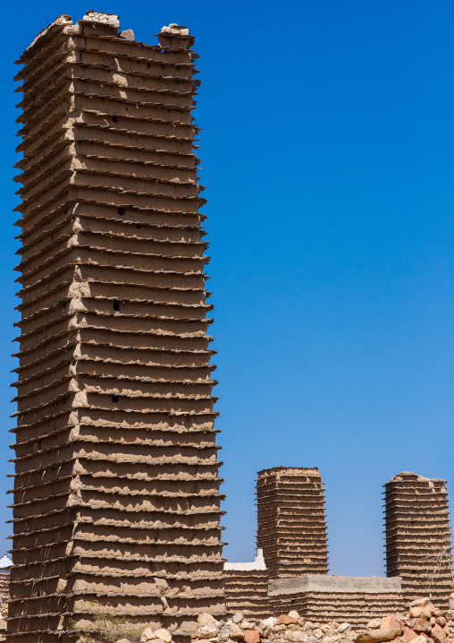 Traditional clay and silt watchtower used as a granary, Asir Province, Aseer, Saudi Arabia