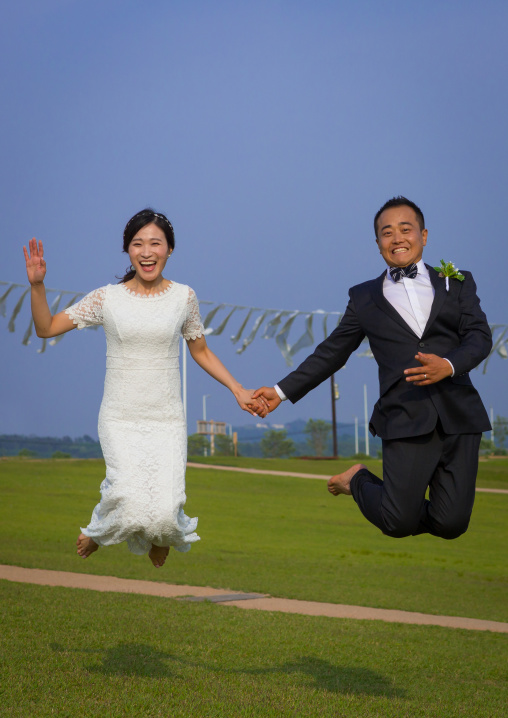 North korean defector joseph park with his south korean fiancee called juyeon in imjingak park, Sudogwon, Paju, South korea