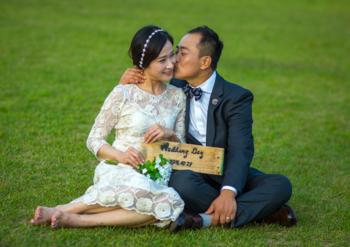 North korean defector joseph park with his south korean fiancee called juyeon in imjingak park, Sudogwon, Paju, South korea