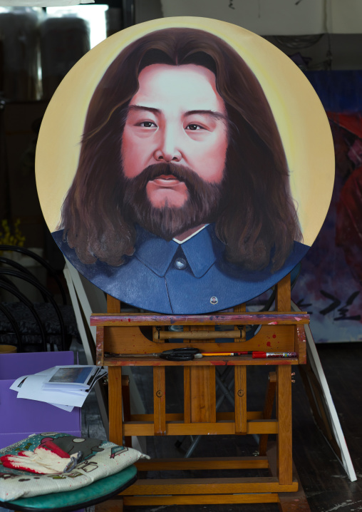 Painting depicting a Kim jong il as Jesus by north Korean defector artist Sun Mu, National Capital Area, Seoul, South Korea