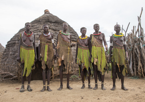 Toposa tribe women in traditional clothing during a ceremony, Namorunyang State, Kapoeta, South Sudan