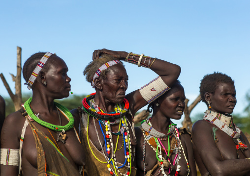 Toposa tribe women in traditional clothing, Namorunyang State, Kapoeta, South Sudan
