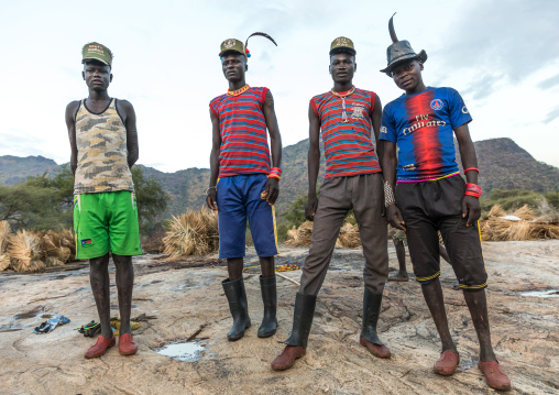 Larim tribe young men with fashionnable clothes, Boya Mountains, Imatong, South Sudan