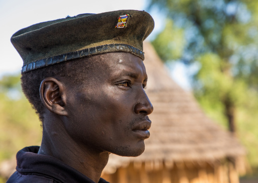 Larim tribe man wearing a military beret, Boya Mountains, Imatong, South Sudan