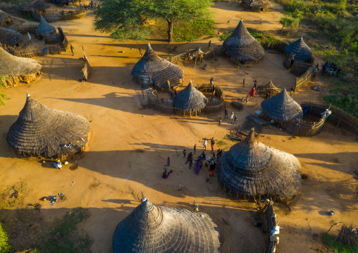 Aerial view of a Larim tribe village with Thatched roofs houses, Boya Mountains, Imatong, South Sudan