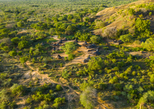 Aerial view of a Larim tribe village, Boya Mountains, Imatong, South Sudan