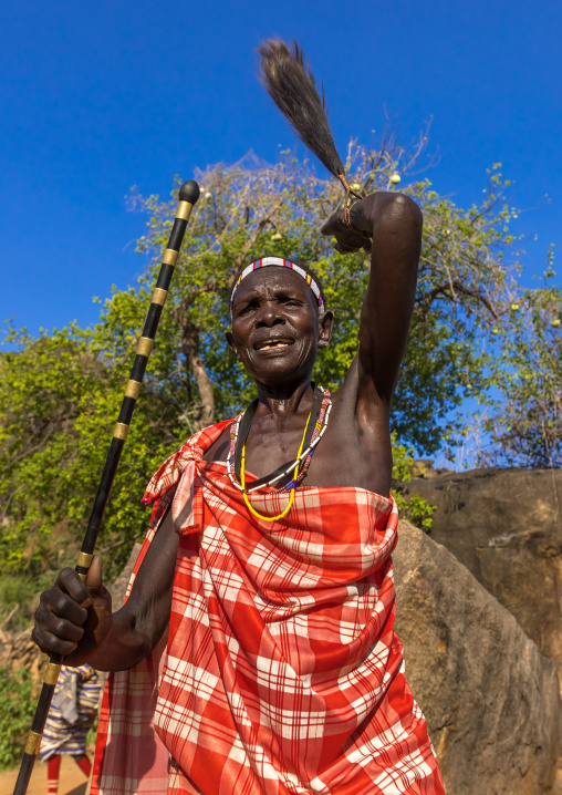 Larim tribe woman dancing during a wedding celebration, Boya Mountains, Imatong, South Sudan