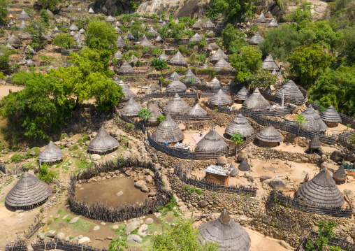 Aerial view of a traditional Lotuko tribe village in the mountain, Central Equatoria, Illeu, South Sudan