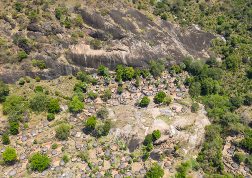 Aerial view of a traditional Lotuko tribe village in the mountain, Central Equatoria, Illeu, South Sudan