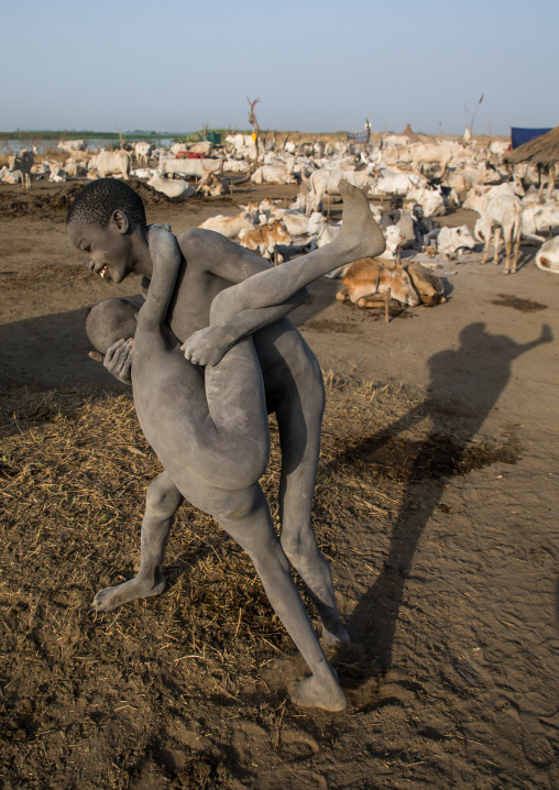 Mundari tribe boys wrestling in a cattle camp, Central Equatoria, Terekeka, South Sudan