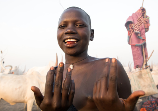 Portrait of a Mundari tribe woman in a cattle camp, Central Equatoria, Terekeka, South Sudan