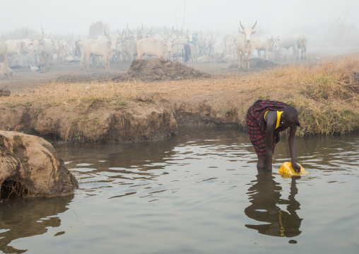 Mundari tribe woman collecting water in the river Nile, Central Equatoria, Terekeka, South Sudan