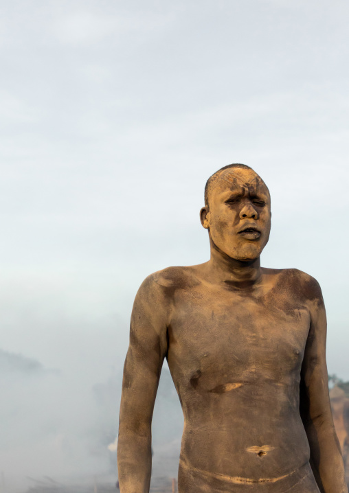 Mundari tribe man covered in ash to repel flies and mosquitoes, Central Equatoria, Terekeka, South Sudan