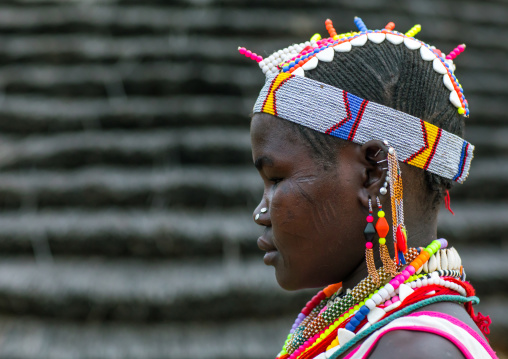 Portrait of a Larim tribe woman wearing a decorated headwear, Boya Mountains, Imatong, South Sudan