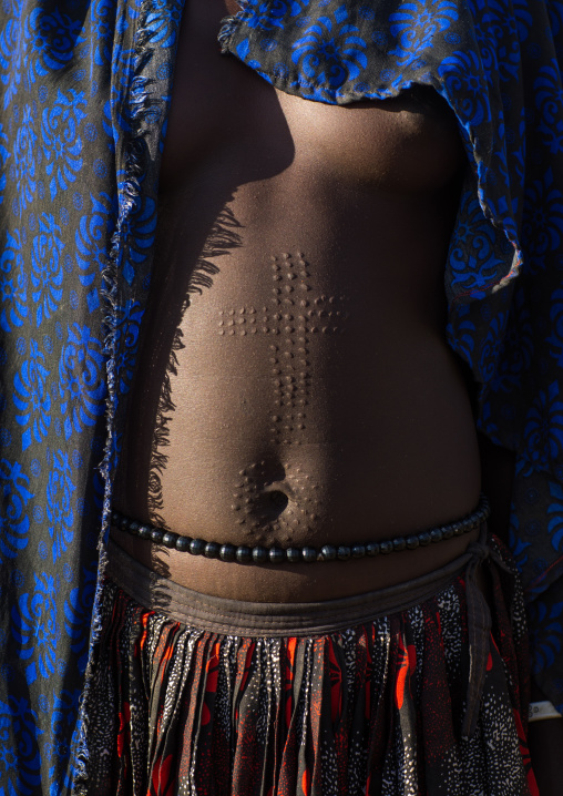 Mundari tribe woman scarifications on the belly in a cross shape, Central Equatoria, Terekeka, South Sudan