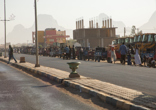 Tuk tuk queue on line at a gas station during the fuel shortages, Kassala State, Kassala, Sudan