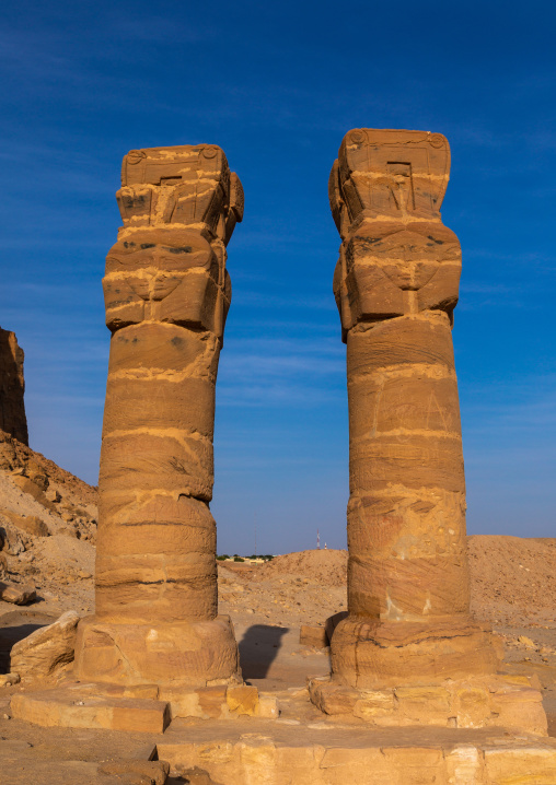 Hathor columns in the outer courtyard of the temple of mut at jebel Barkal, Northern State, Karima, Sudan