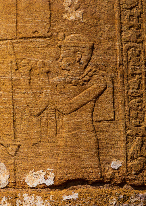 Column with hieroglyphs and reliefs in Amun temple, Nubia, Naqa, Sudan