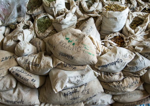 Bags of dried herbs in a traditional drug store, Gorno-Badakhshan autonomous region, Khorog, Tajikistan