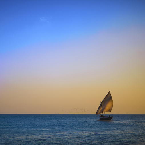 Tanzania, Zanzibar, Kizimkazi, traditional dhow at sunset