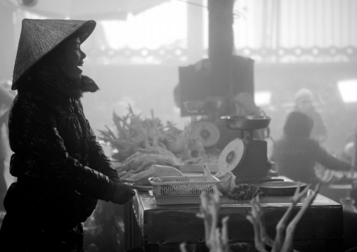 Woman with sedge hat selling chicken at the meat market, Sapa, Vietnam