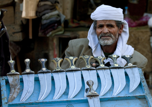 Old Man Selling Beautifully Decorated Jambiya In Sanaa Souq, Yemen