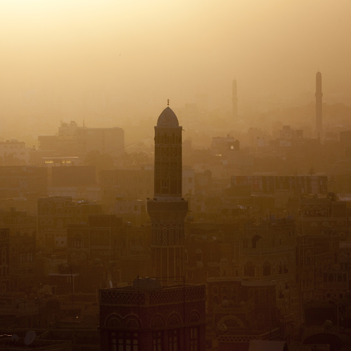 Minaret Of A Mosque At Sunset, Sanaa, Yemen