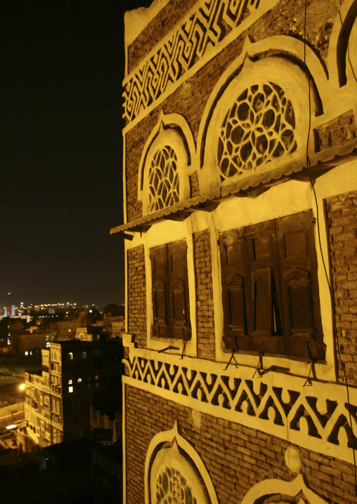Traditional house in the old city featuring stained-glass windows, Amanat Al-Asemah, Sanaa, Yemen