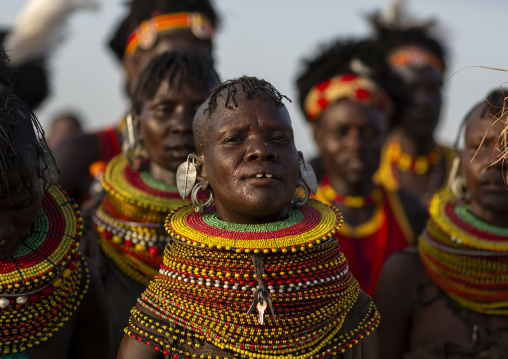 Turkana tribe women with huge necklaces, Turkana lake, Loiyangalani, Kenya