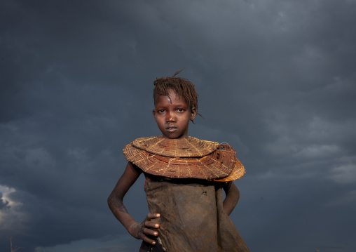 Pokot girl wears necklaces made from the stems of sedge grass, Baringo county, Baringo, Kenya