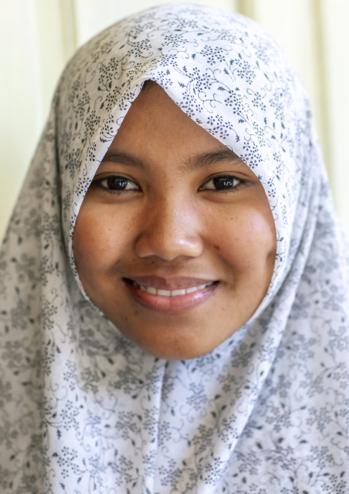 Veiled javanese smiling woman, Java island, Yogyakarta, Indonesia