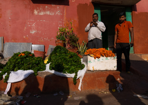 Men selling marogold at the flower market, Rajasthan, Jaipur, India