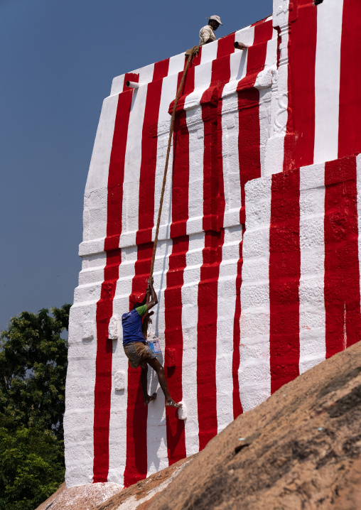 Indian worker painting red and white stripes on a templs, Tamil Nadu, Chettinad, India