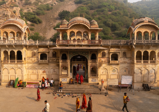 Indian pilgrims in Galtaji temple aka monkey temple, Rajasthan, Jaipur, India