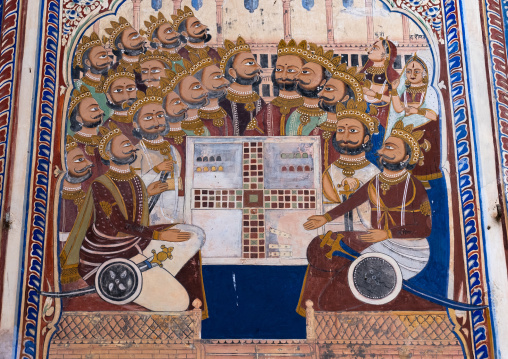 Old mural in a haveli depicting men playing chess, Rajasthan, Nawalgarh, India