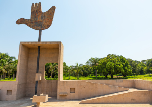 The open hand monument in the goverment district by Le Corbusier, Punjab State, Chandigarh, India