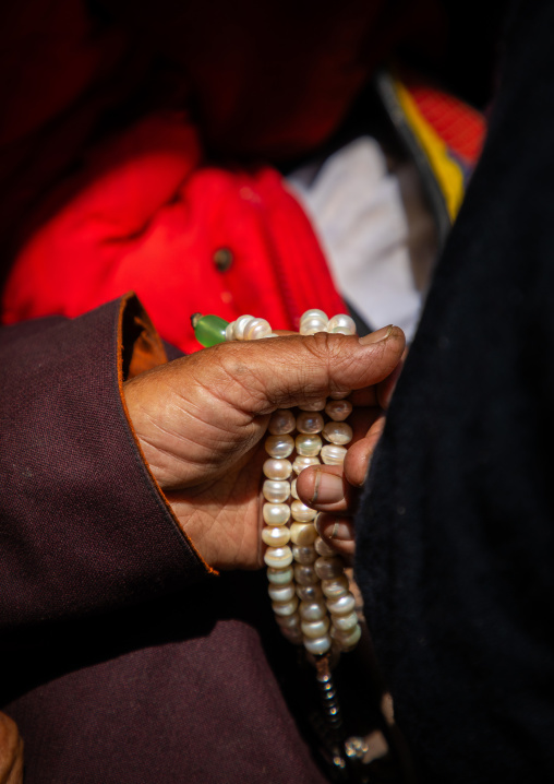 Buddhist hand with a payer beads, Ladakh, Khalatse, India