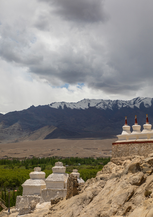 Shey Monastery stupas in front of the mountain, Ladakh, Shey, India